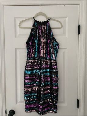 TFNC London Sequin Halter Dress - Iridescent Pink, Teal & Black